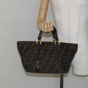 FENDI Zucca Canvas Hand Bag Brown Black gold Auth 146809